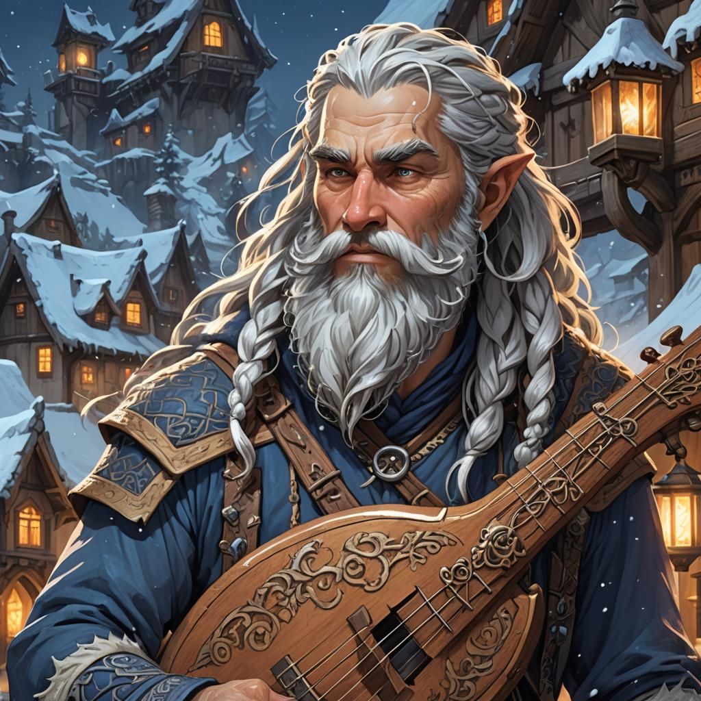 Gnome Bard in Snowy Village, Fantasy Art