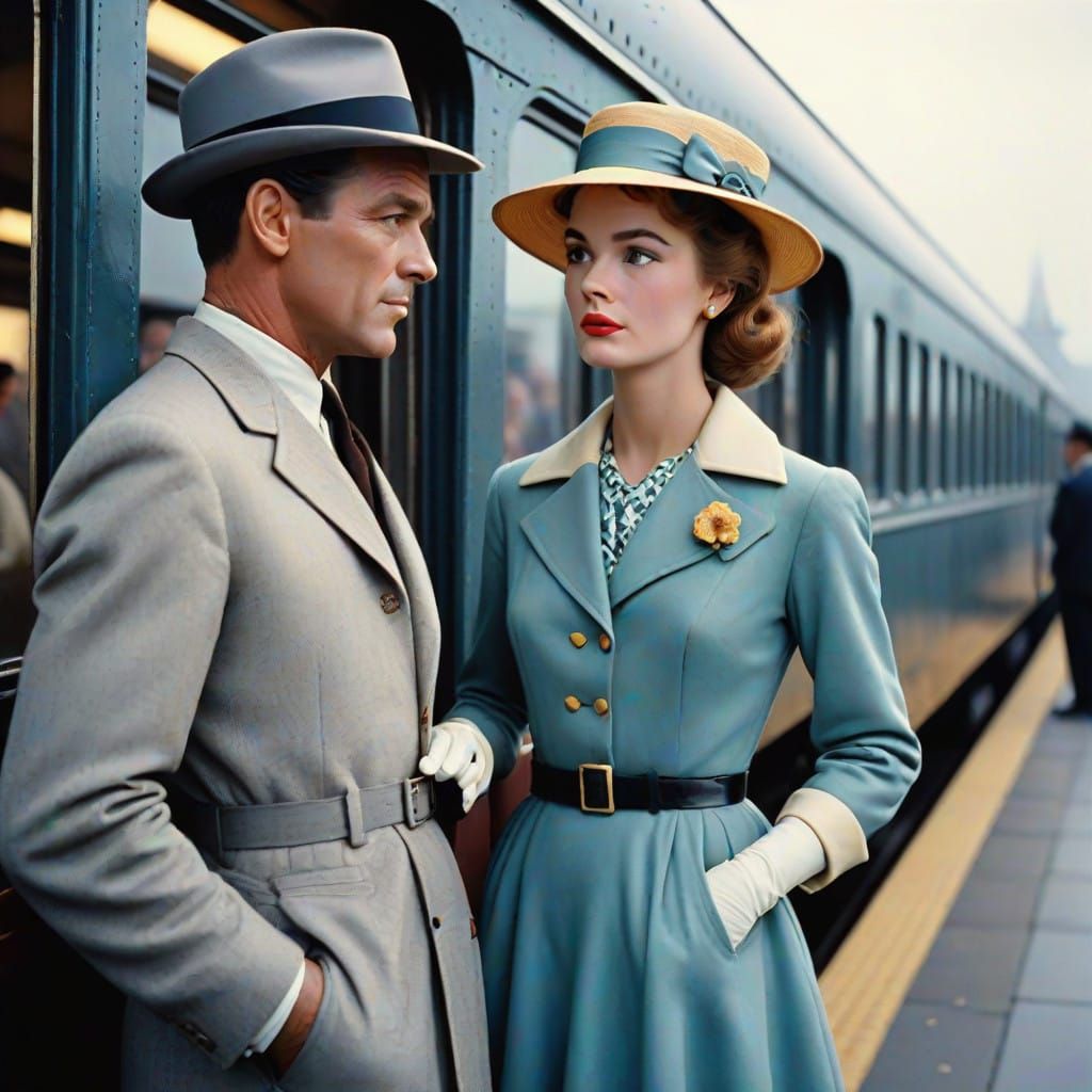 Elegant Couple's Nostalgic Farewell at Train Station