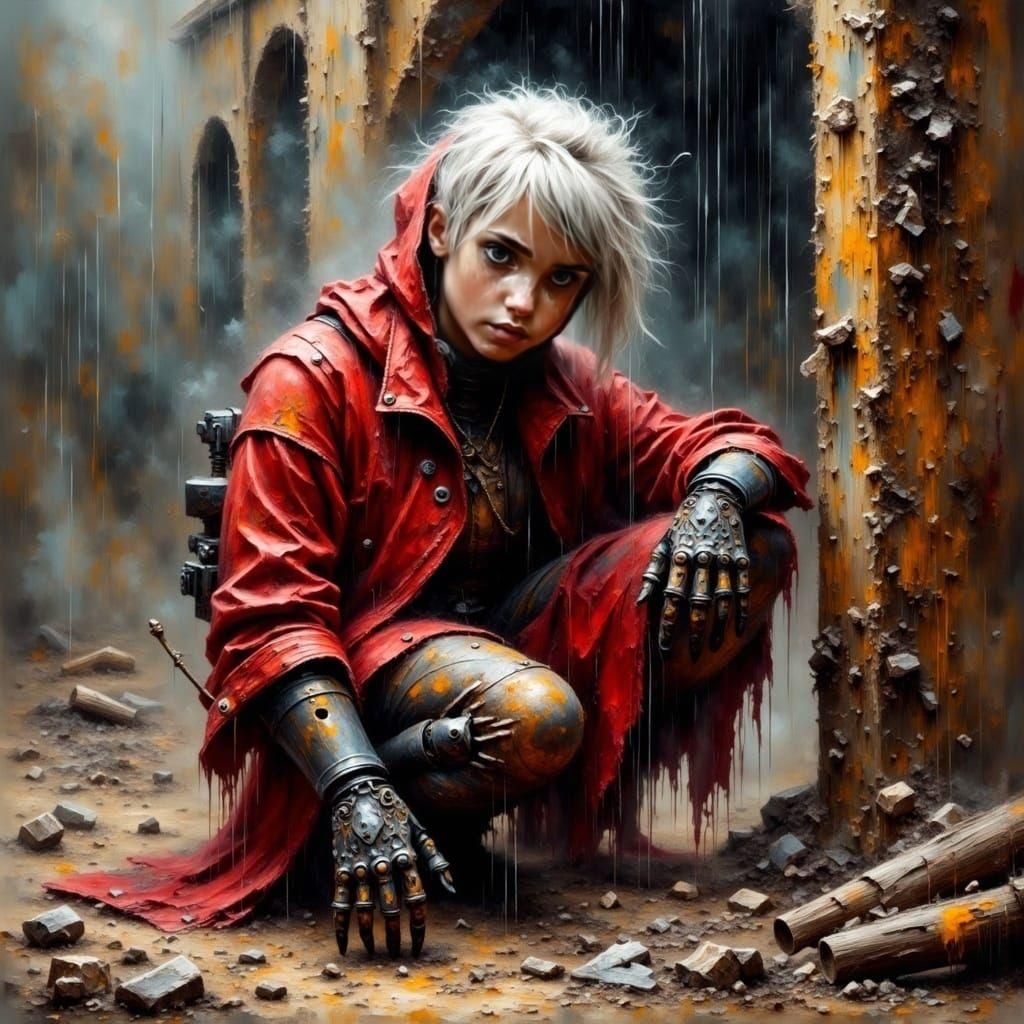 <lora:Smokey grunge:1.0> an image of a dirty young woman in an oily hive city, she crouches beneath a ruined bridge, she...