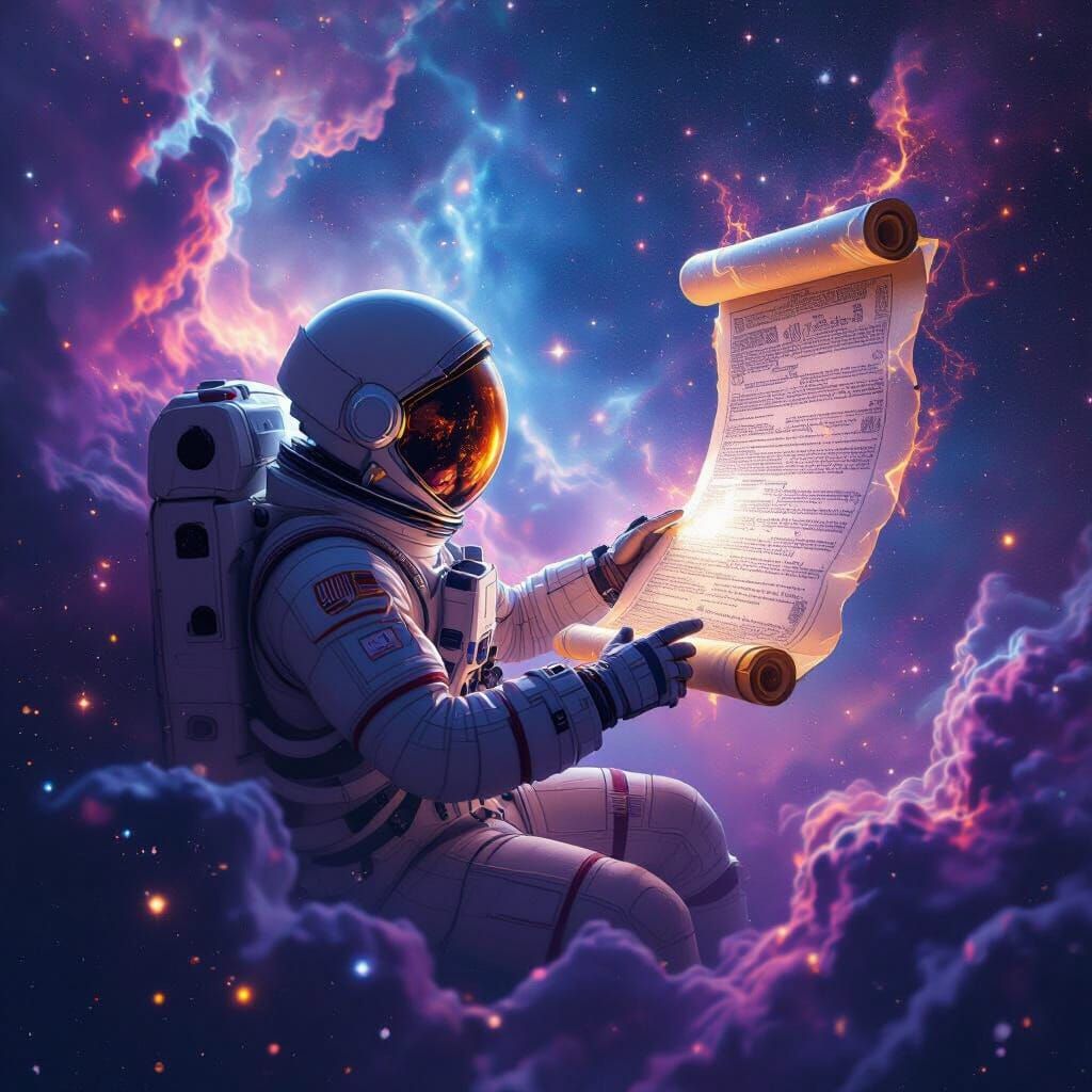 Astronaut Reaches for Celestial Scroll in Cosmic Nebula