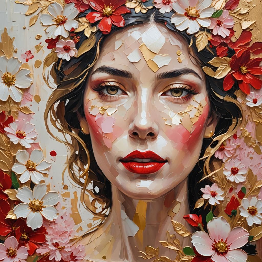 Expressionist Portrait with Red Lips and Gold Accents