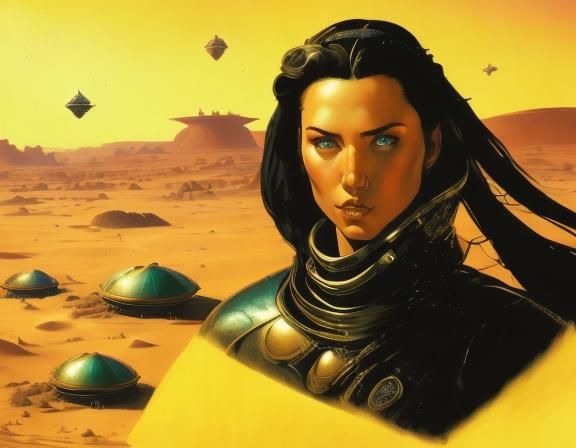 Desert Planet Cover Art with Princess and Alien in Space Ope...