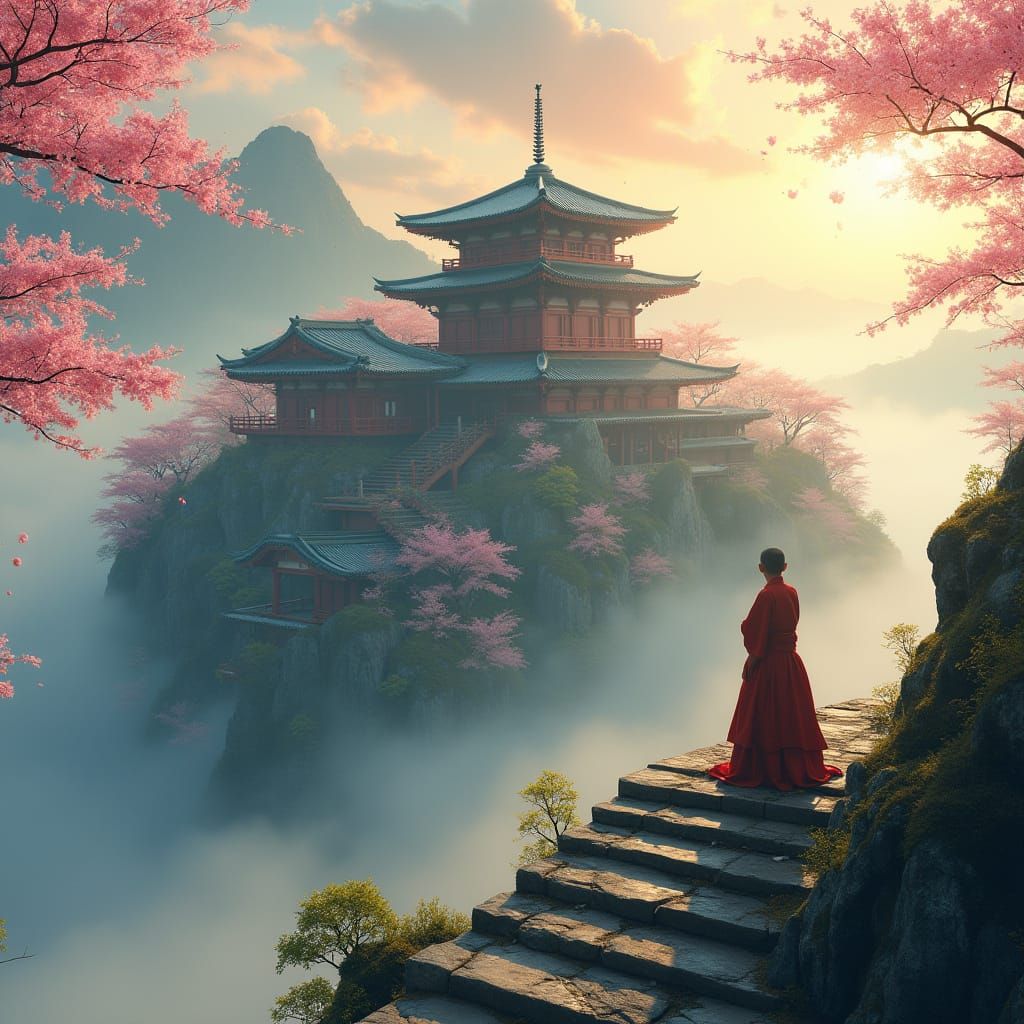 Sunrise Serenity: Mountaintop Temple with Floating Cherry Bl...