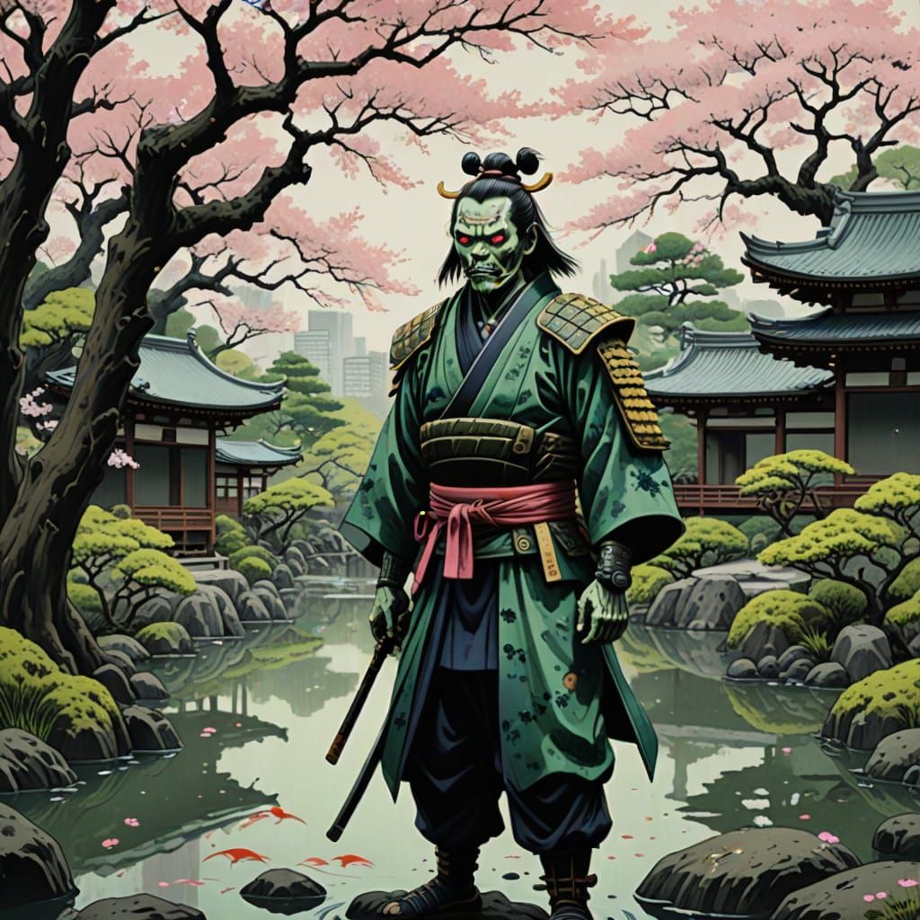 Samurai Zombie Rises from Japanese Garden in Ukiyo-e Style