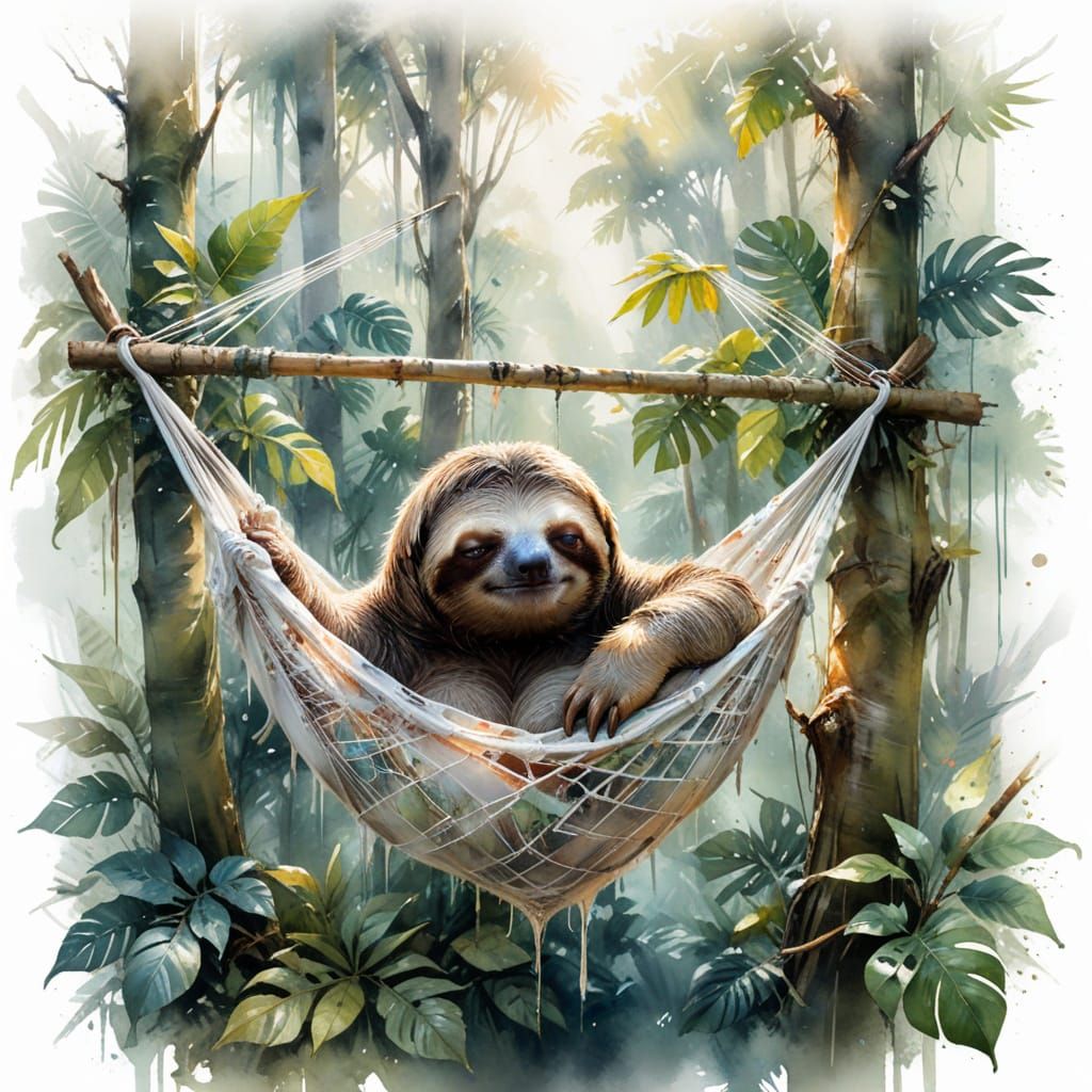 Sleepy Sloth in Rainforest Hammock, Painterly Realism