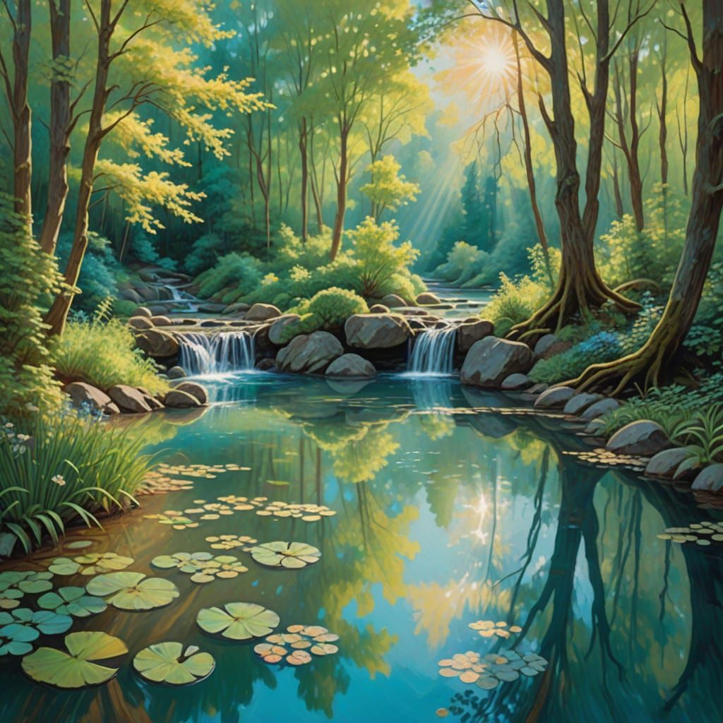 Surreal Impressionist Landscape with Turquoise Pond and Sun ...
