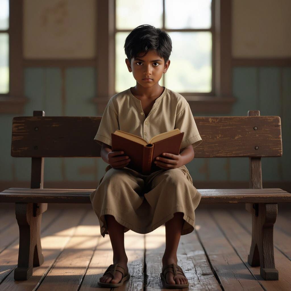 Young Indian Boy in Missionary Classroom, Cinematic Realism