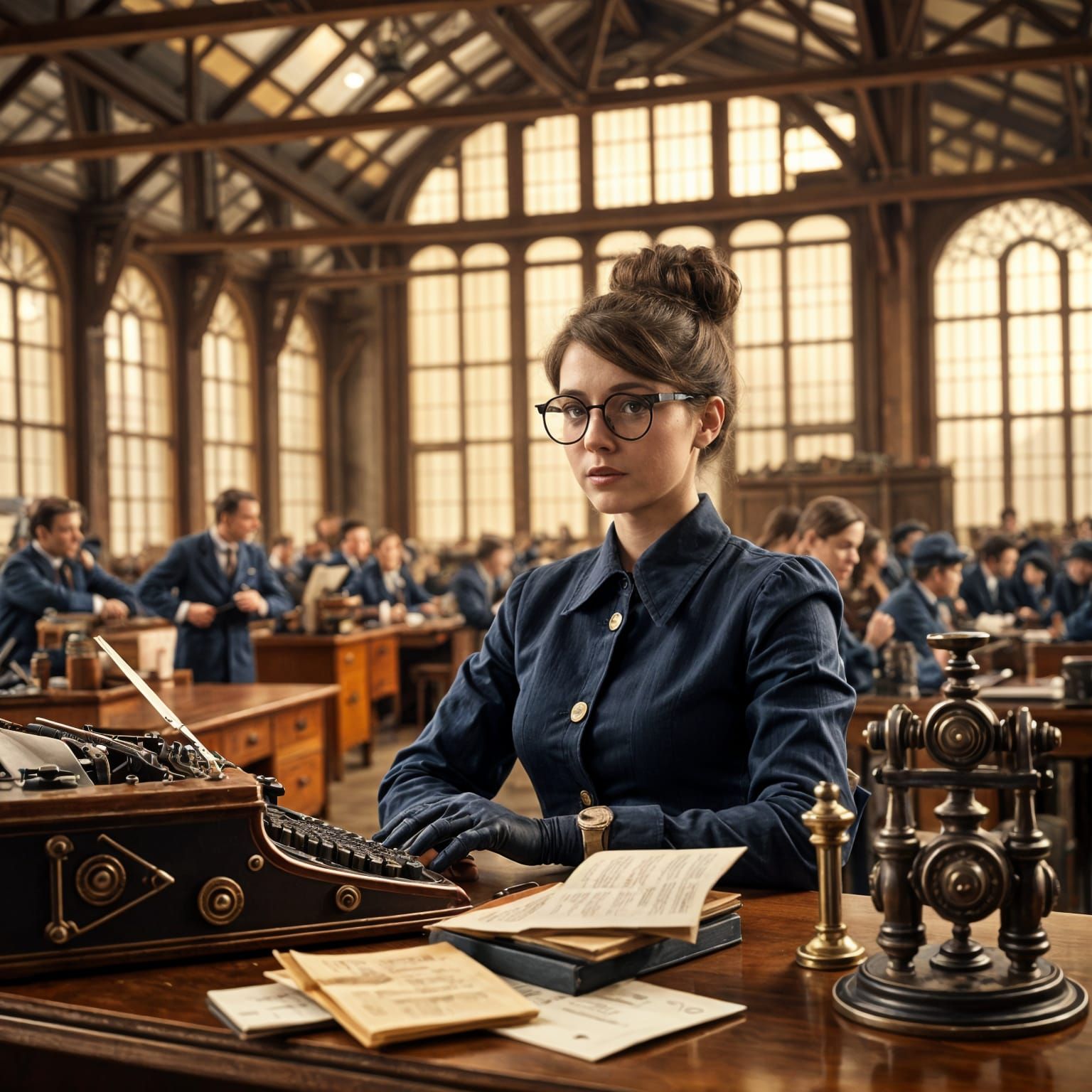 Girl with Monocle in Fantastical Office Scene