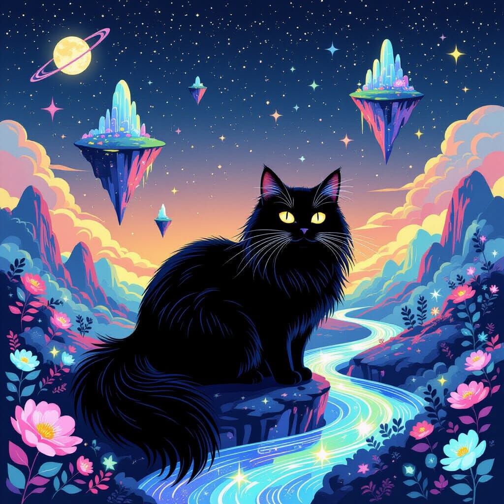 Bioluminescent Cat in Surreal Dreamscape (Pop Art)