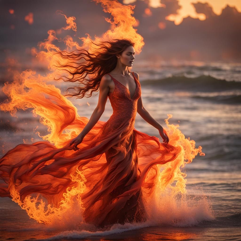 Woman Swimming in a Sea of Fire