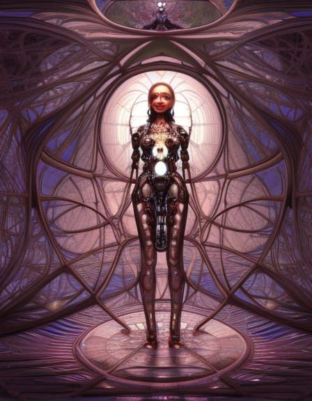 Intricate Cybernetic Woman in Glass Cube