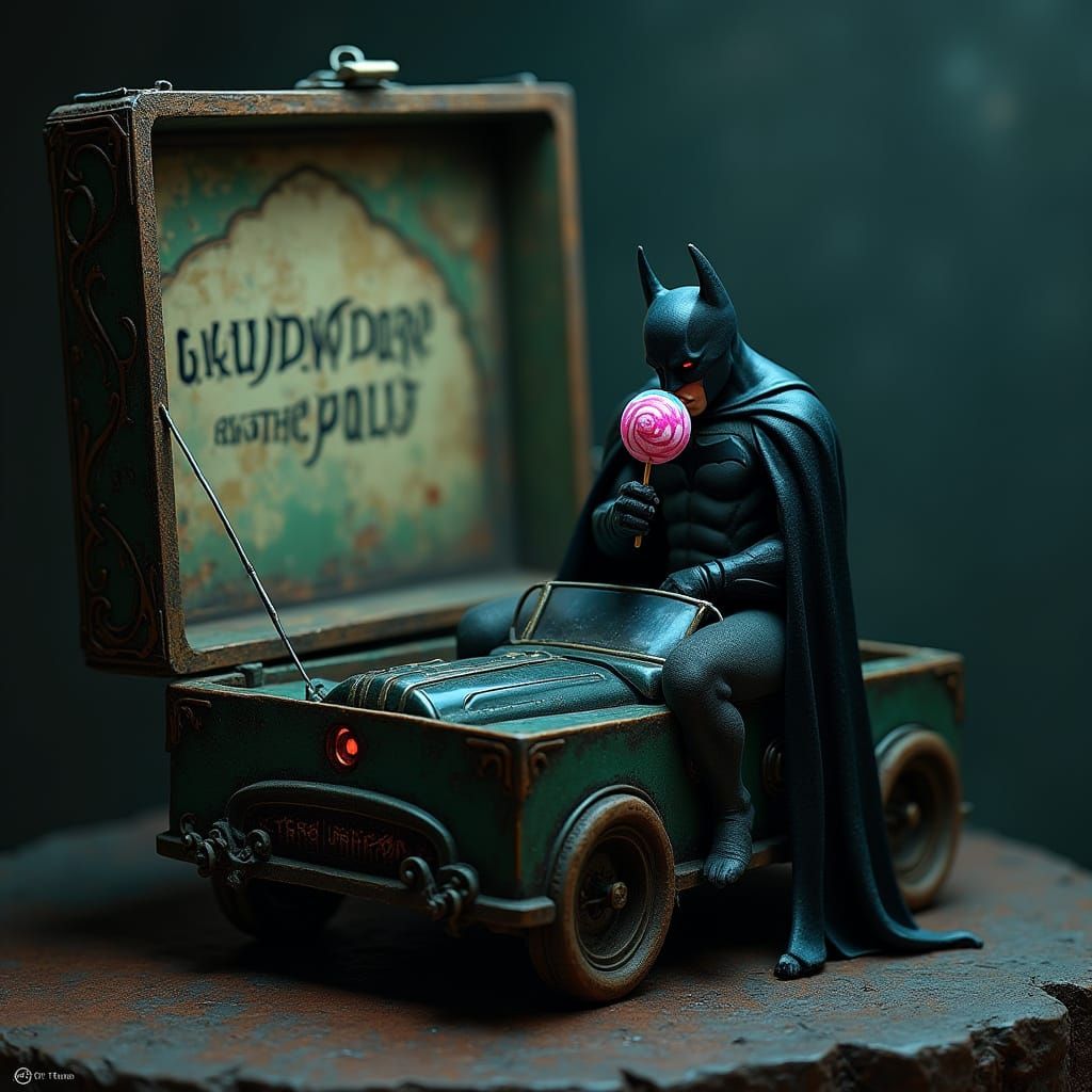 Gothic Dark Knight Savoring Lollypop in Creepy Vintage Box