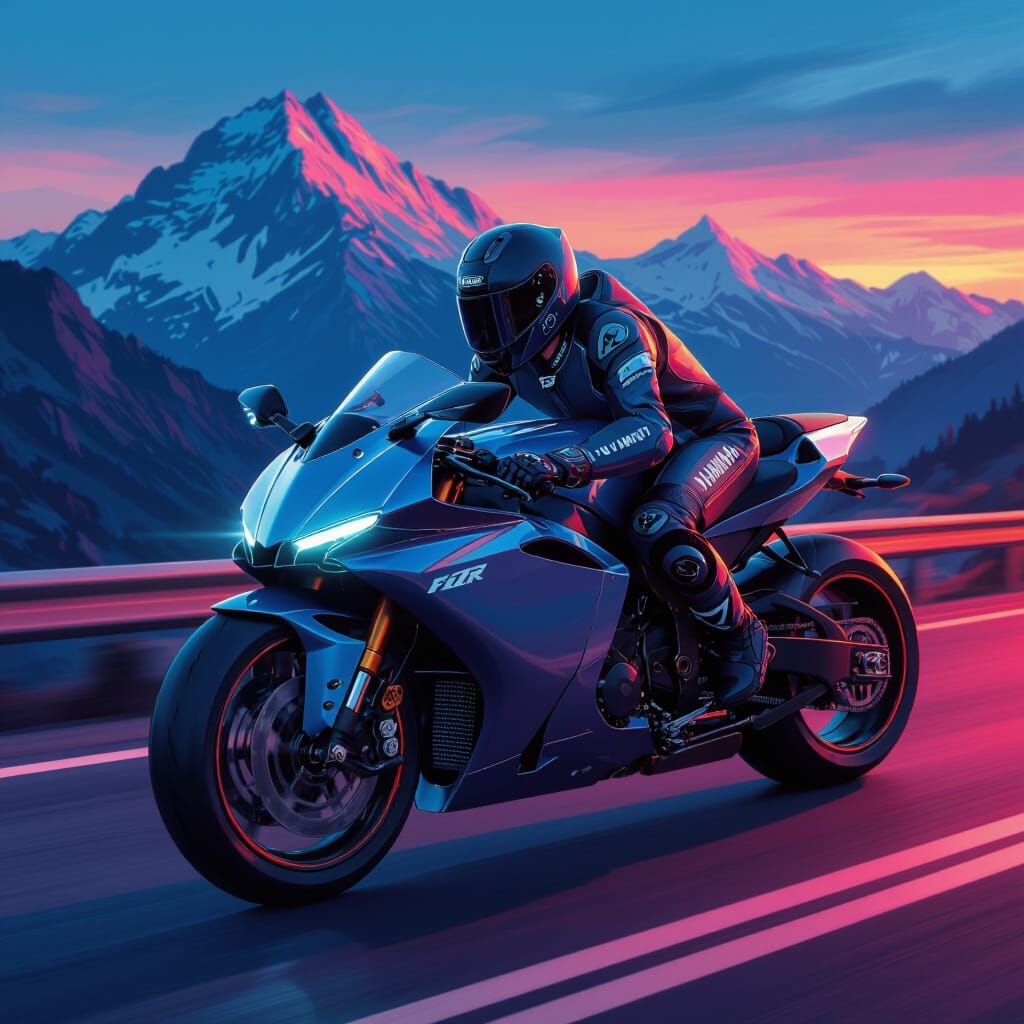 Yamaha F1ZR Motorcycle on Mountain Road in Sci-Fi Style