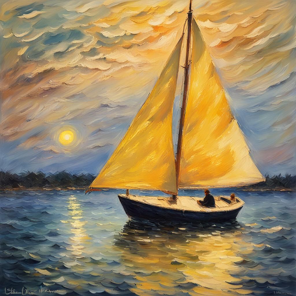 Dreamy Impressionist Sailboat Drifting on Dark Waters