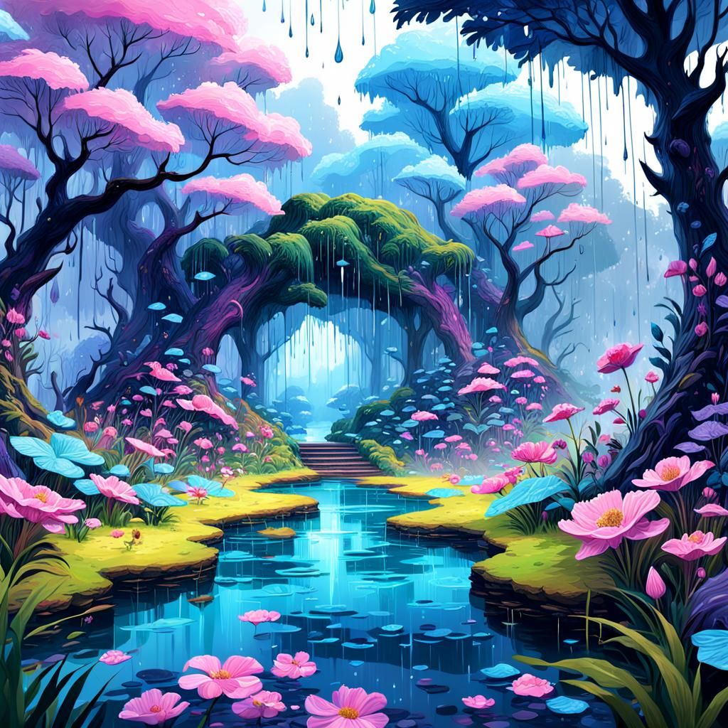 Rainy Flower Forest in Watercolor Painting Style