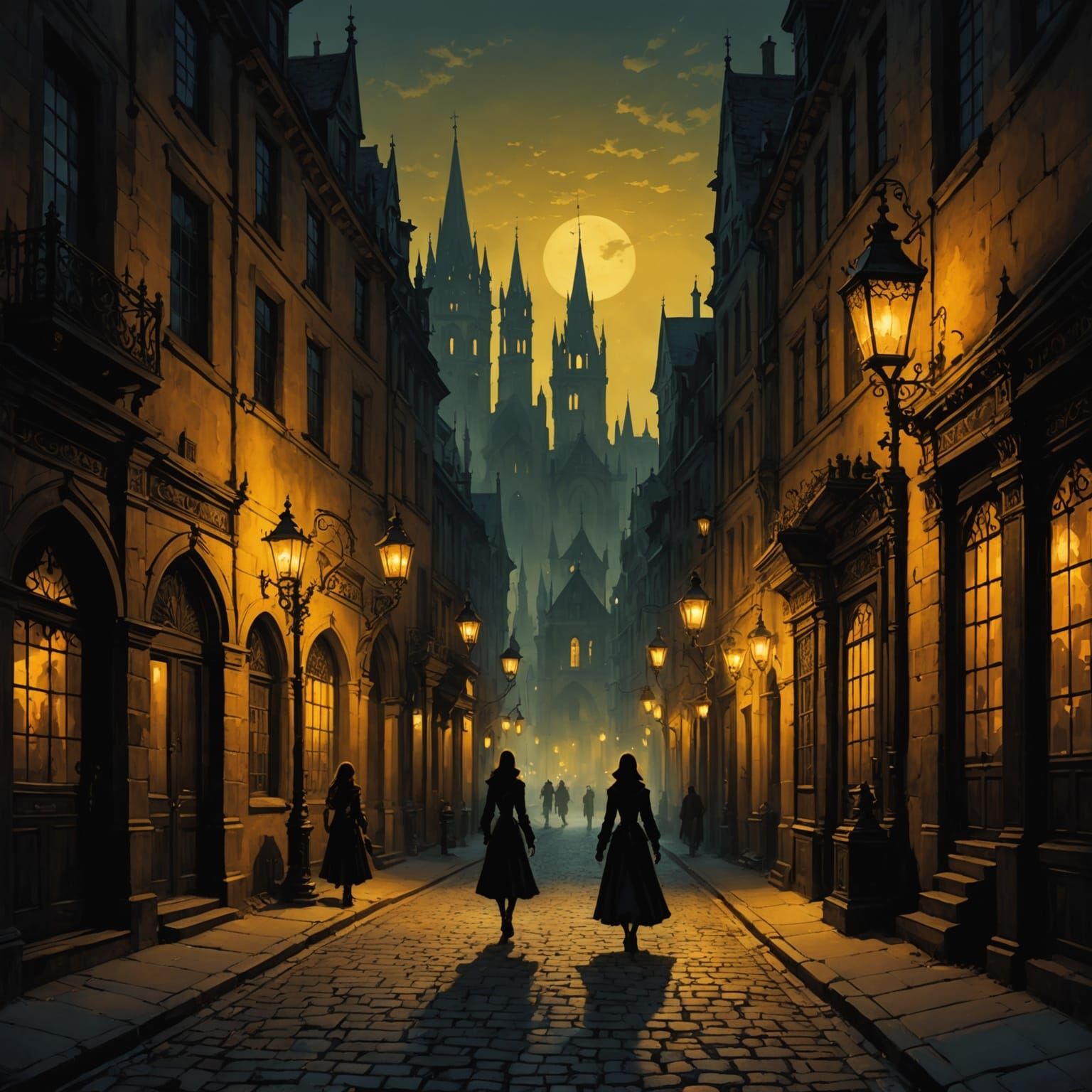Gothic City Street Lit by Gas Lanterns