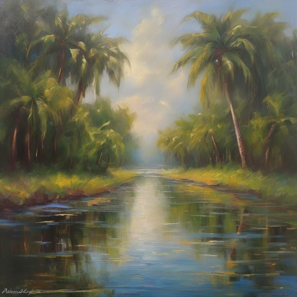 Oriental Palace by a Glittering River in Oil Painting