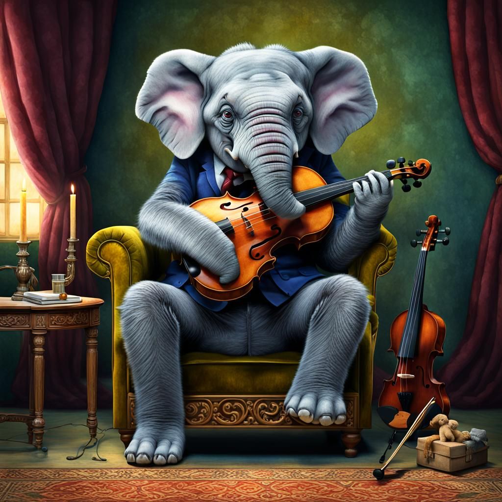 Elephant Violinist in Detailed Matte Painting