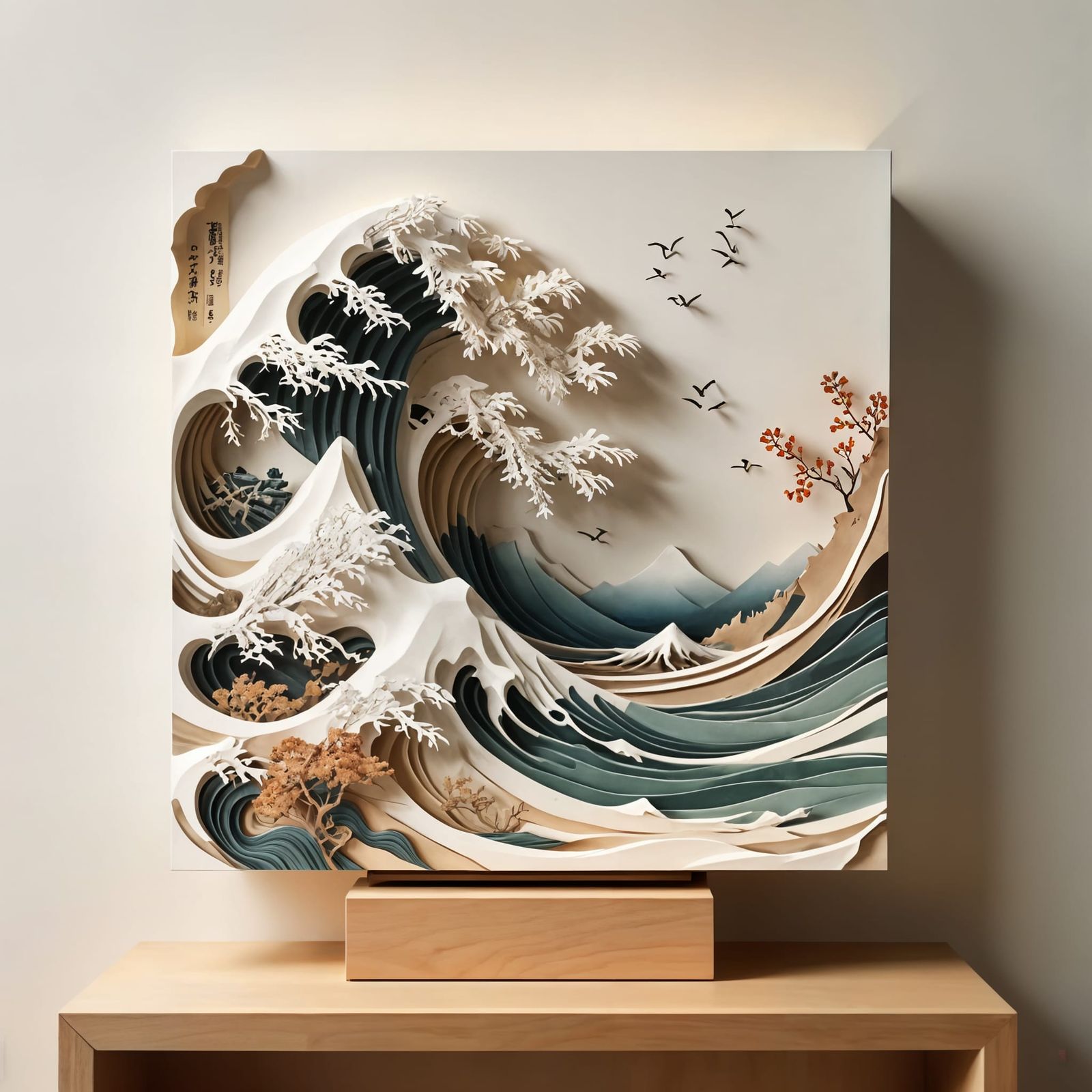 Elegant 3D Wave Sculpture on Wooden Pedestal