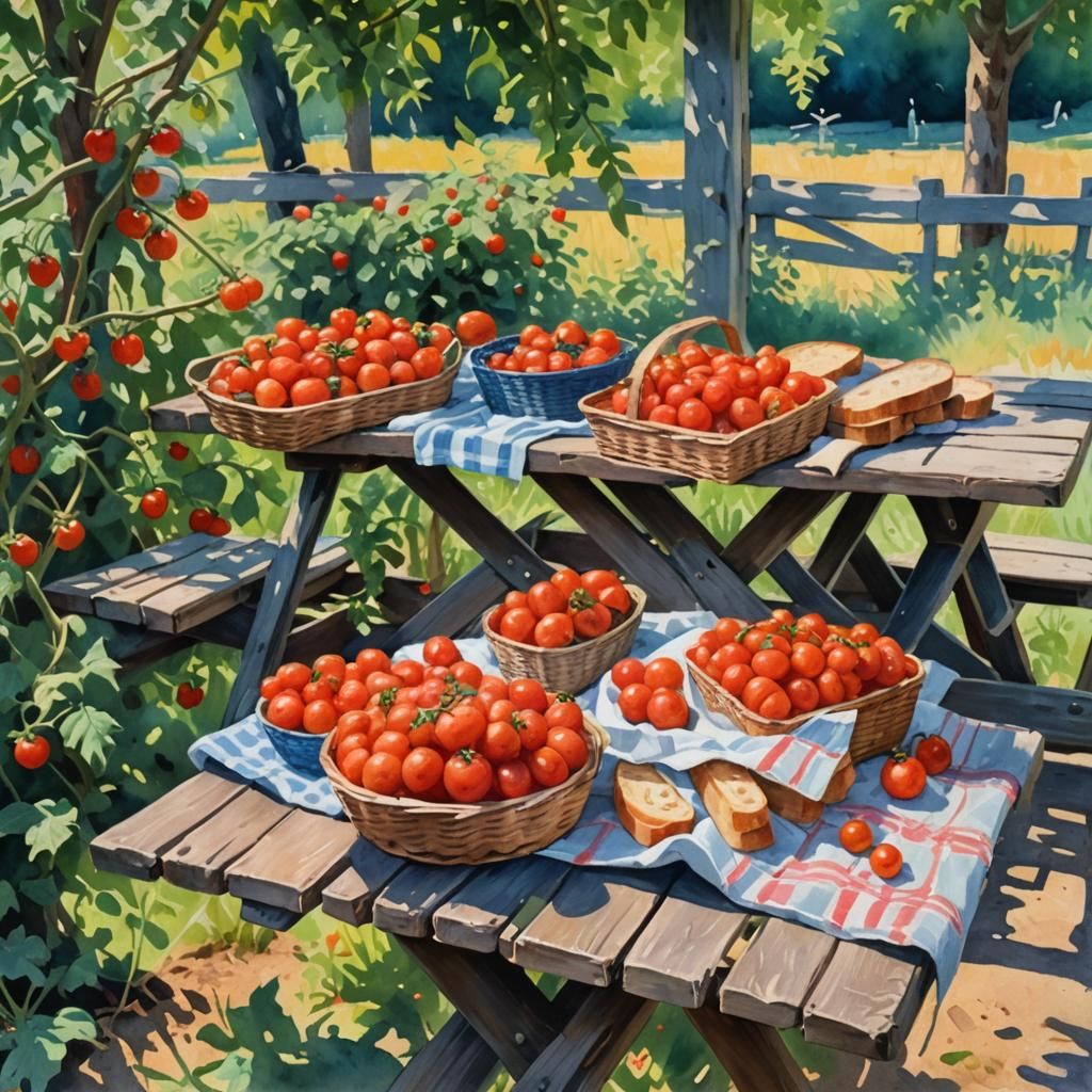 Impressionist Picnic Table with Tomatoes and Bread