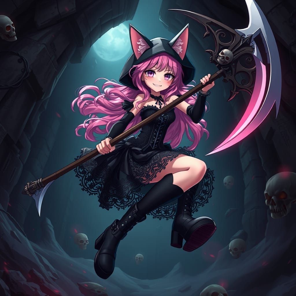 Anime Catgirl Reaper in Gothic Underworld