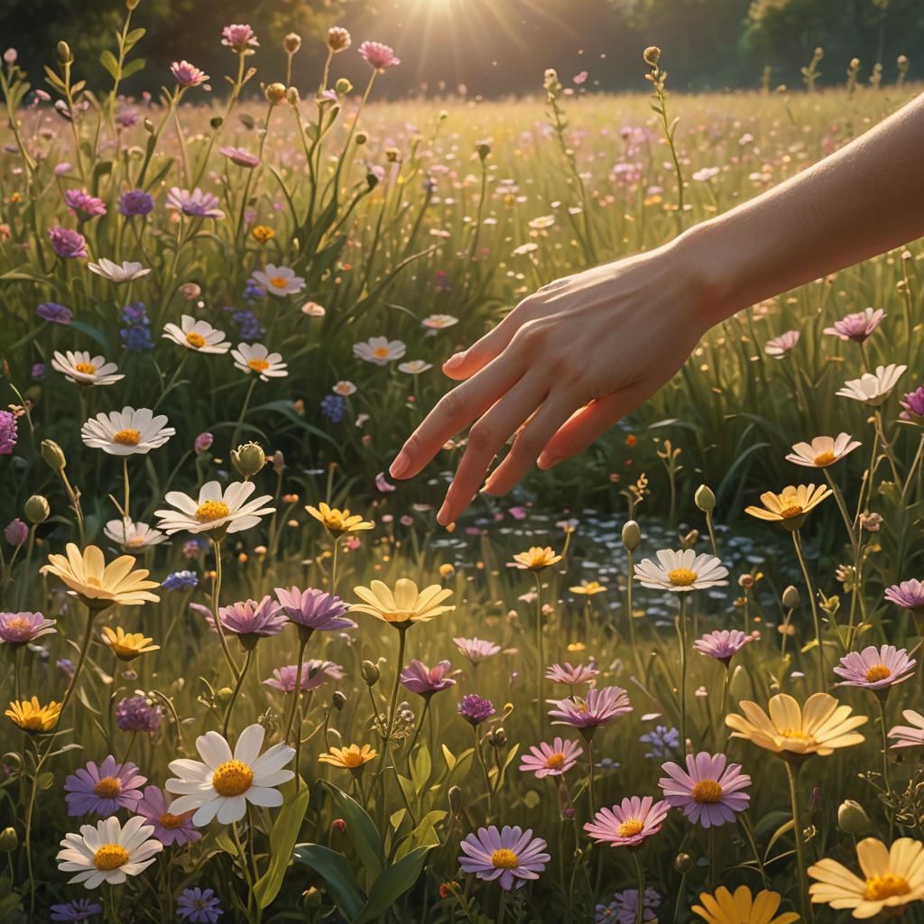 Frog Leaping to Lady's Hand in Floral Field
