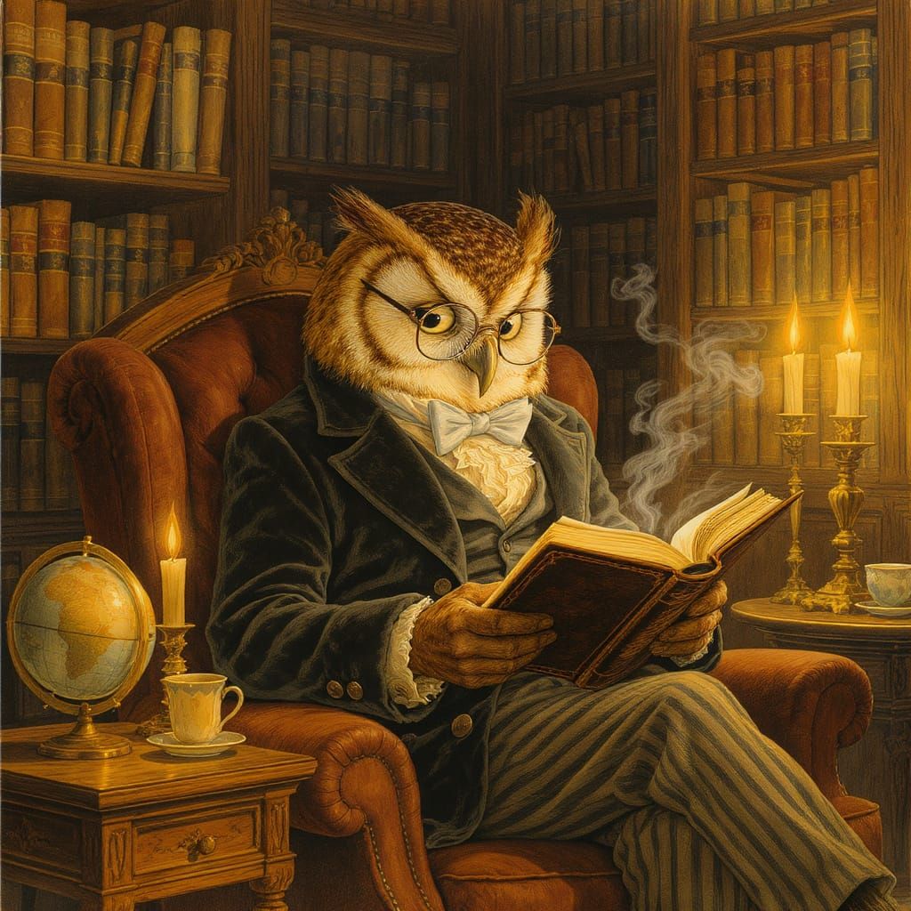 Anthropomorphic Owl Reading in Cozy Library