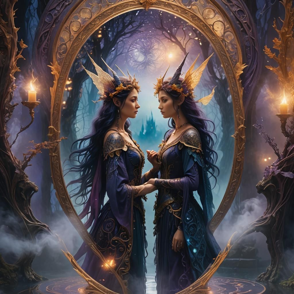 Fairy and Witch in Mystical Mirror
