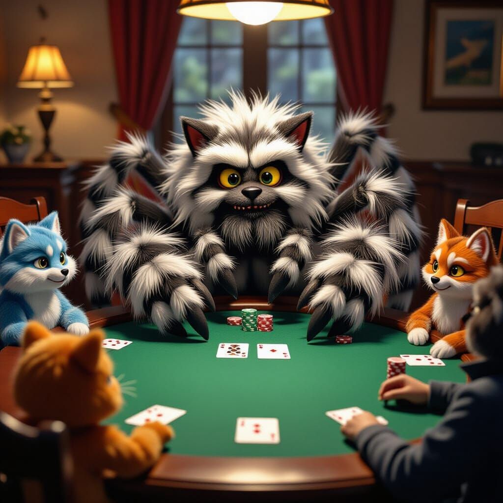Furry Spider Plays Poker With Friends at Round Table