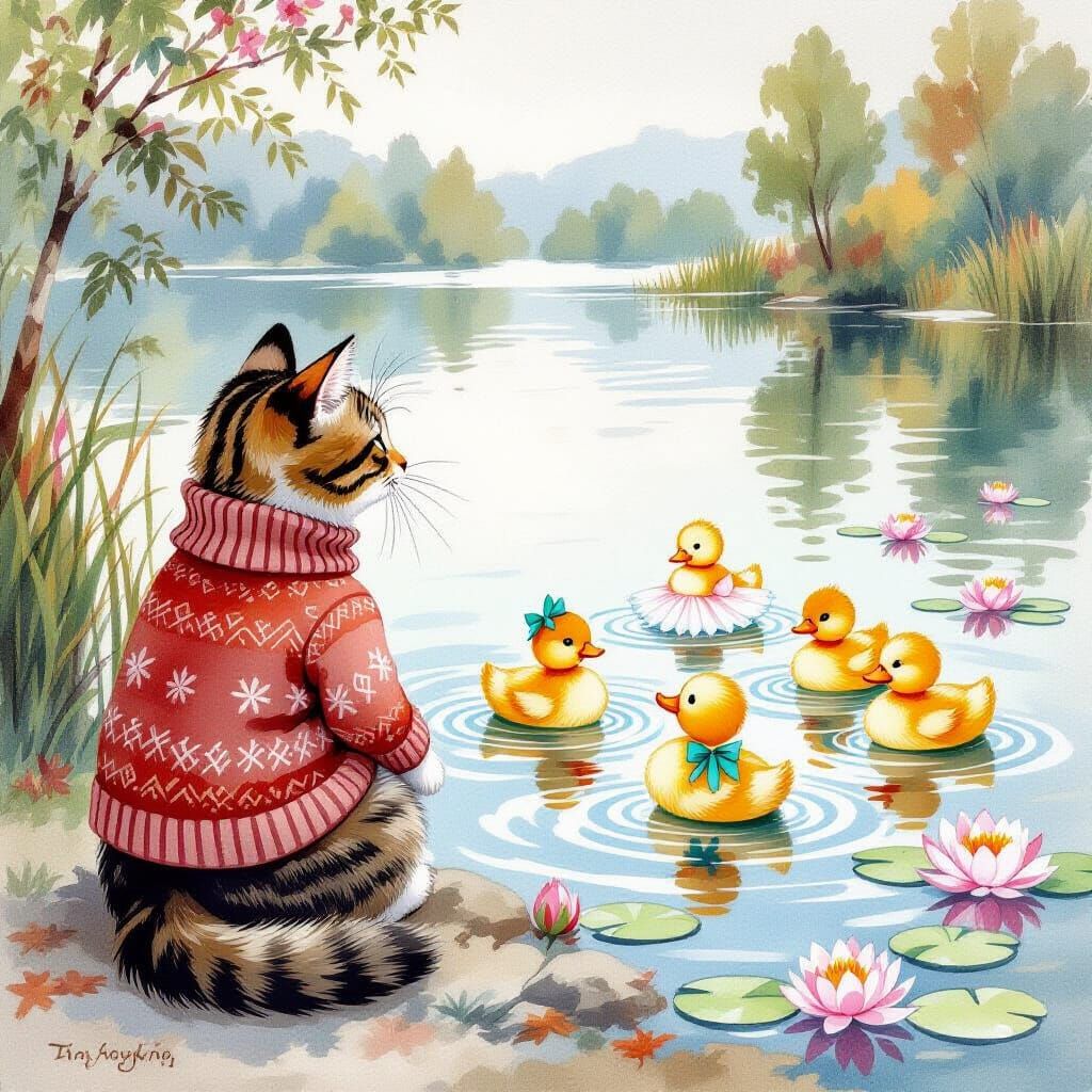 Cat Watches Ducklings Dance Ballet on Lake