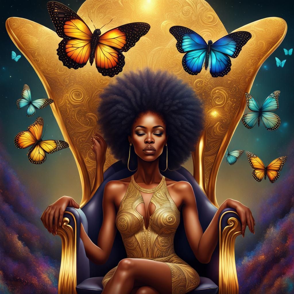Woman with Butterflies on Gold Queen Chair