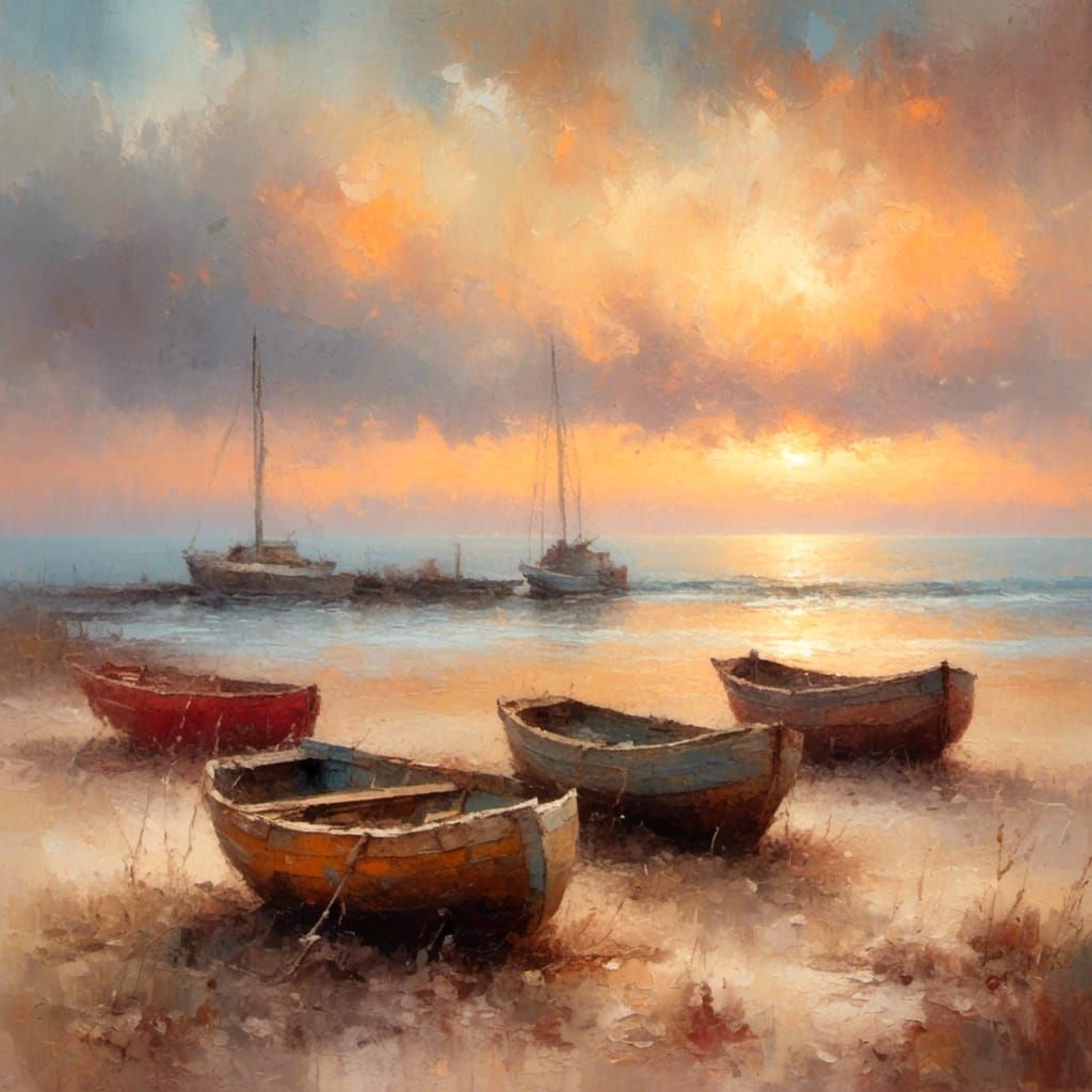 Impressionist Sunset: Weathered Boats on a Golden Beach
