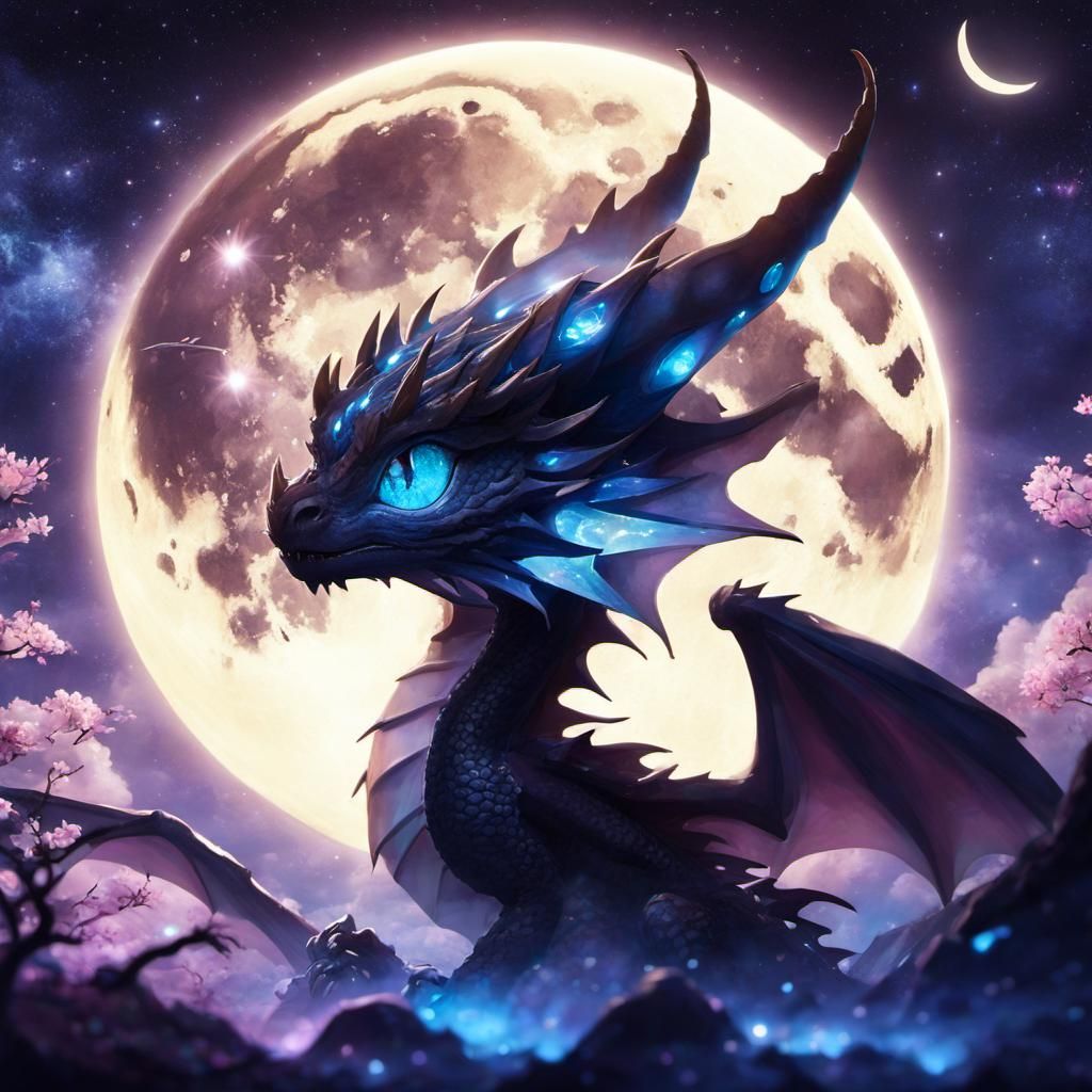 Dragon Silhouette Watches Luminescent Moon in Anime Style