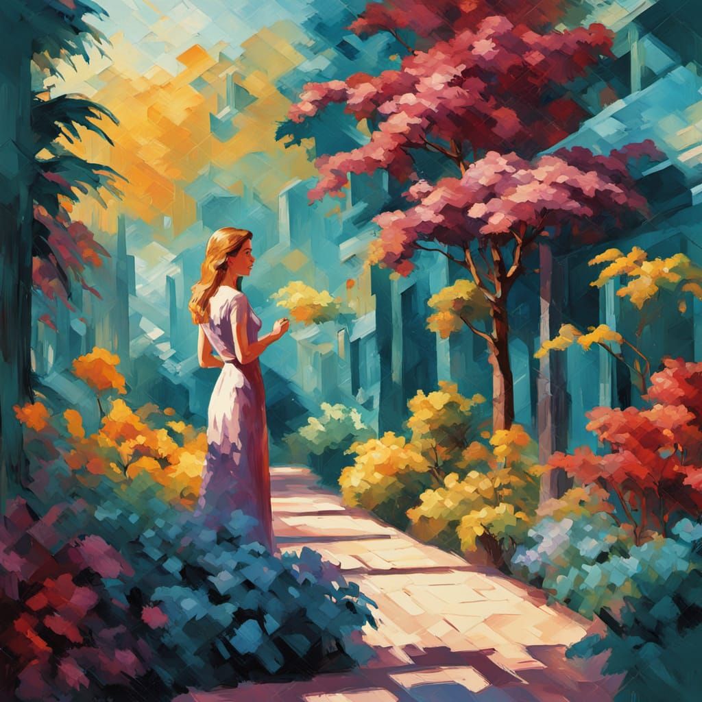 Woman in Garden: Gouache Oil Painting in Triadic Colors