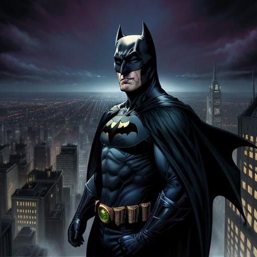 Vampire Batman Over Gotham in Comic Book Art Style