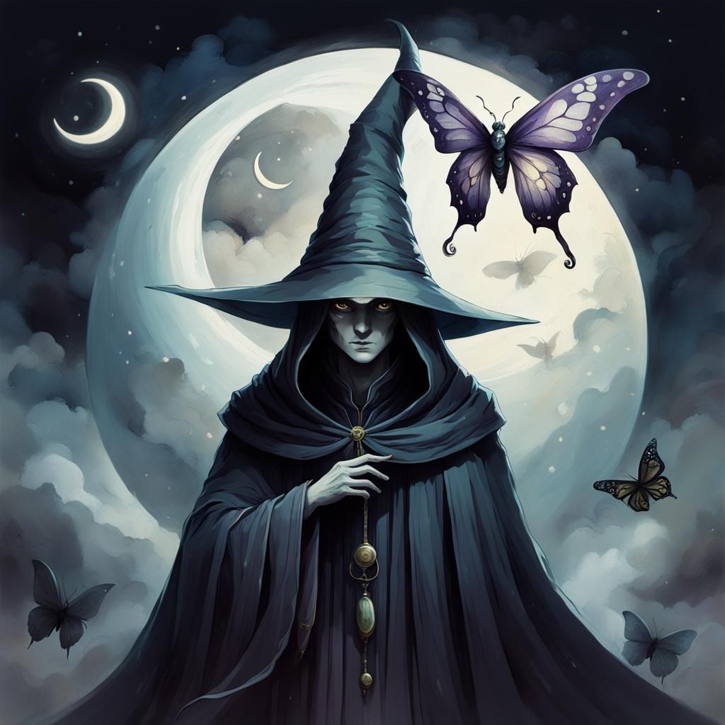 Ethereal Witch Figure with Crescent Moon