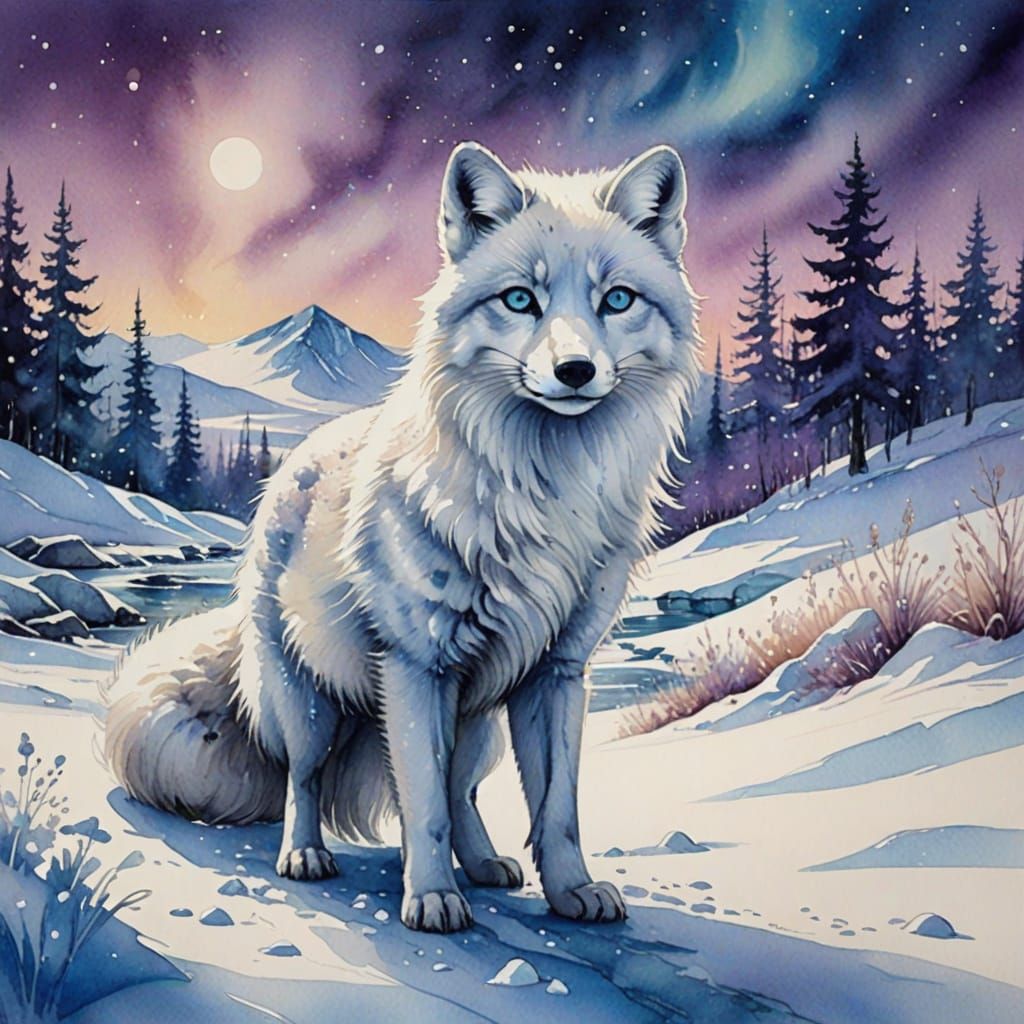 A majestic arctic fox with "Bright Blue Eyes" standing in a shimmering snowy landscape, its thick white fur glistening u...