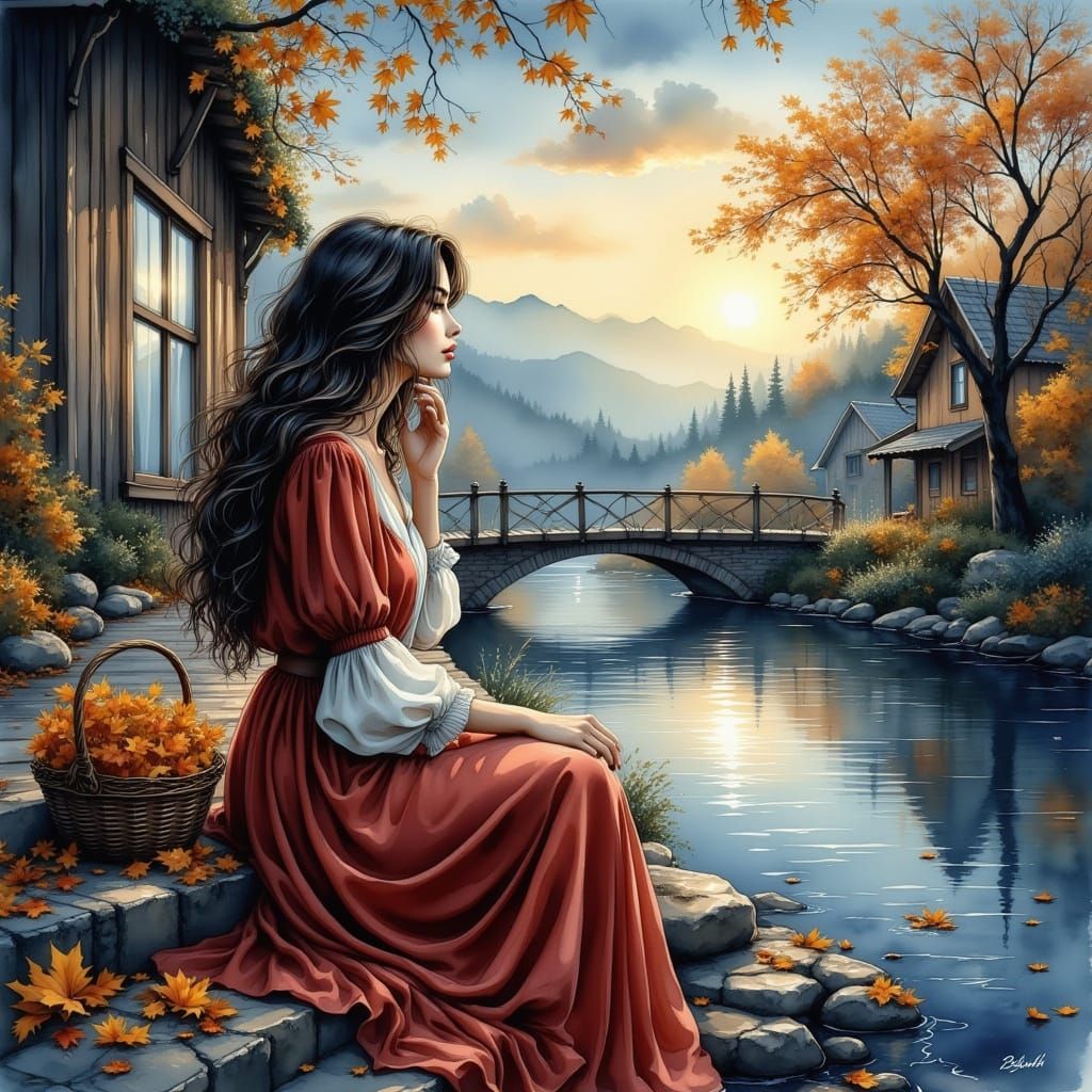Woman in Flowing Dress Gazes at Twilight River Landscape