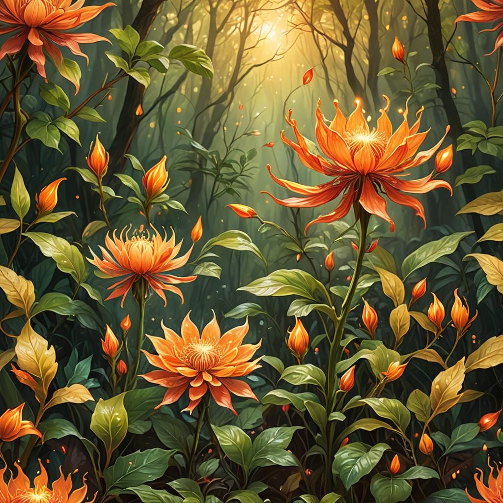Mystical Fire Flower in Fantasy Botanical Illustration