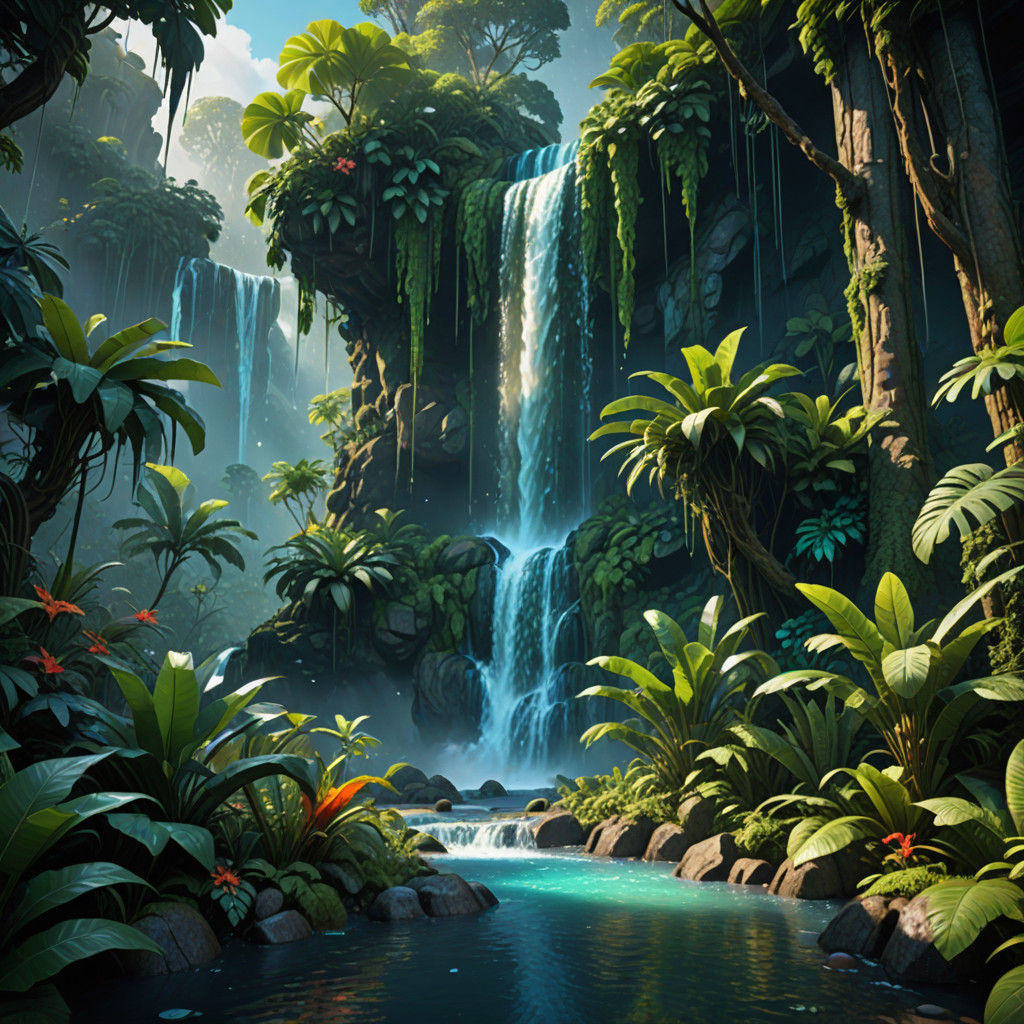 Ethereal Rainforest Oasis in Art Deco Style