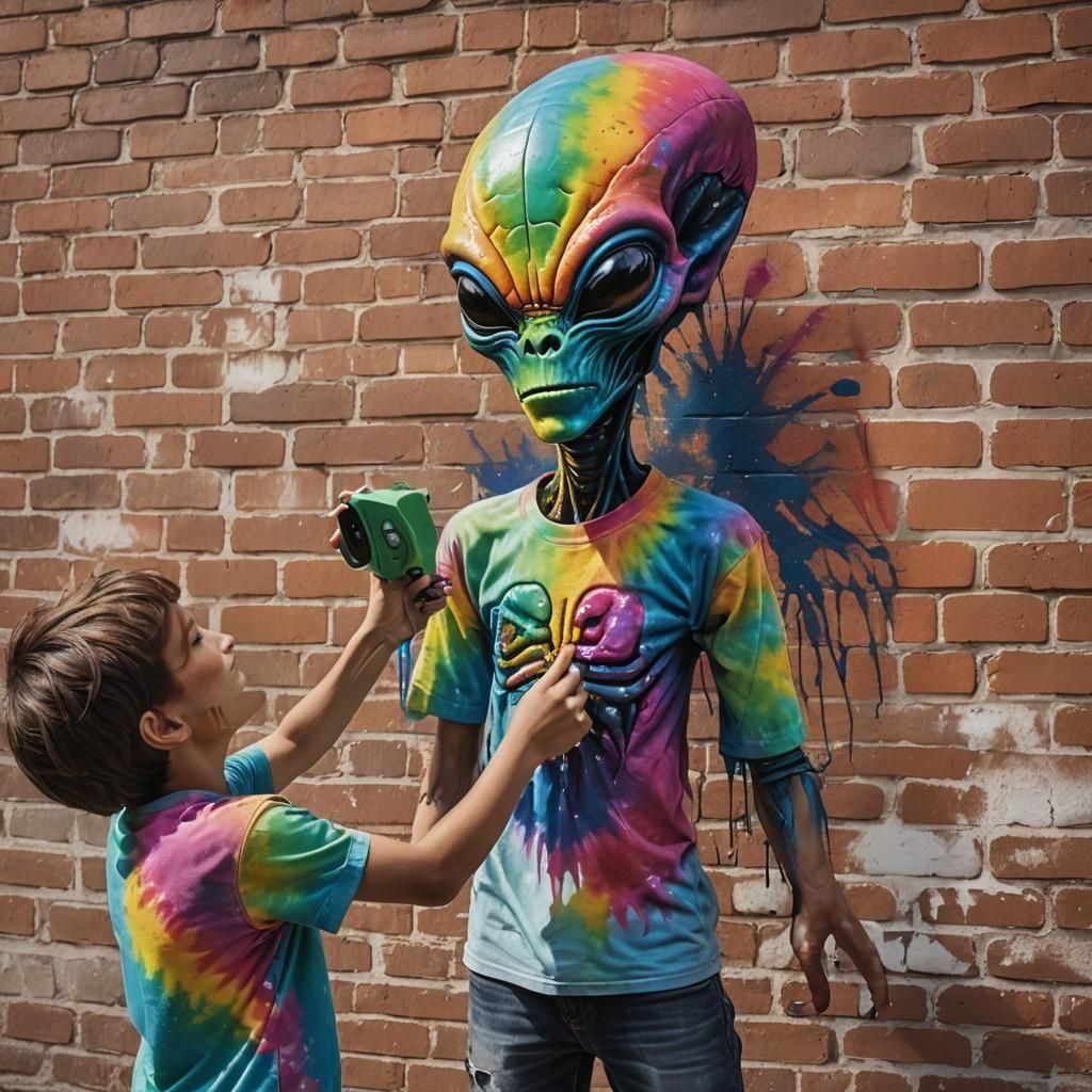 Hyperrealistic Alien Kidspray Painting on Brick Wall