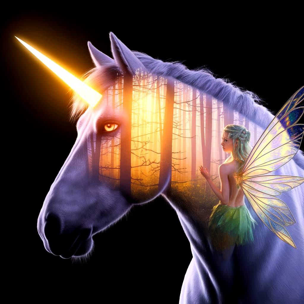 Unicorn Double Exposure with Forest Fairy, Digital Art