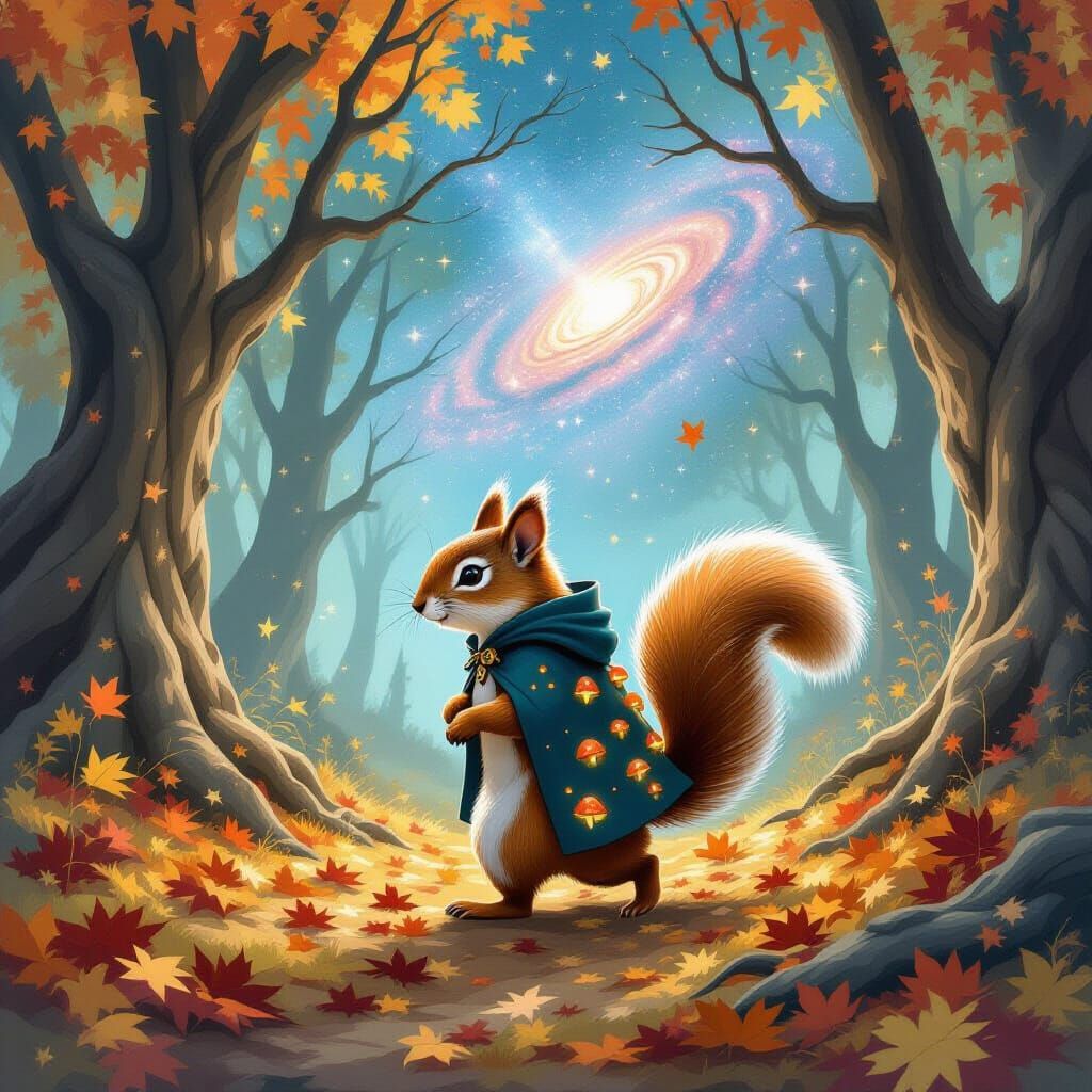 Magical Squirrel with Glowing Mushrooms in Galaxy Forest