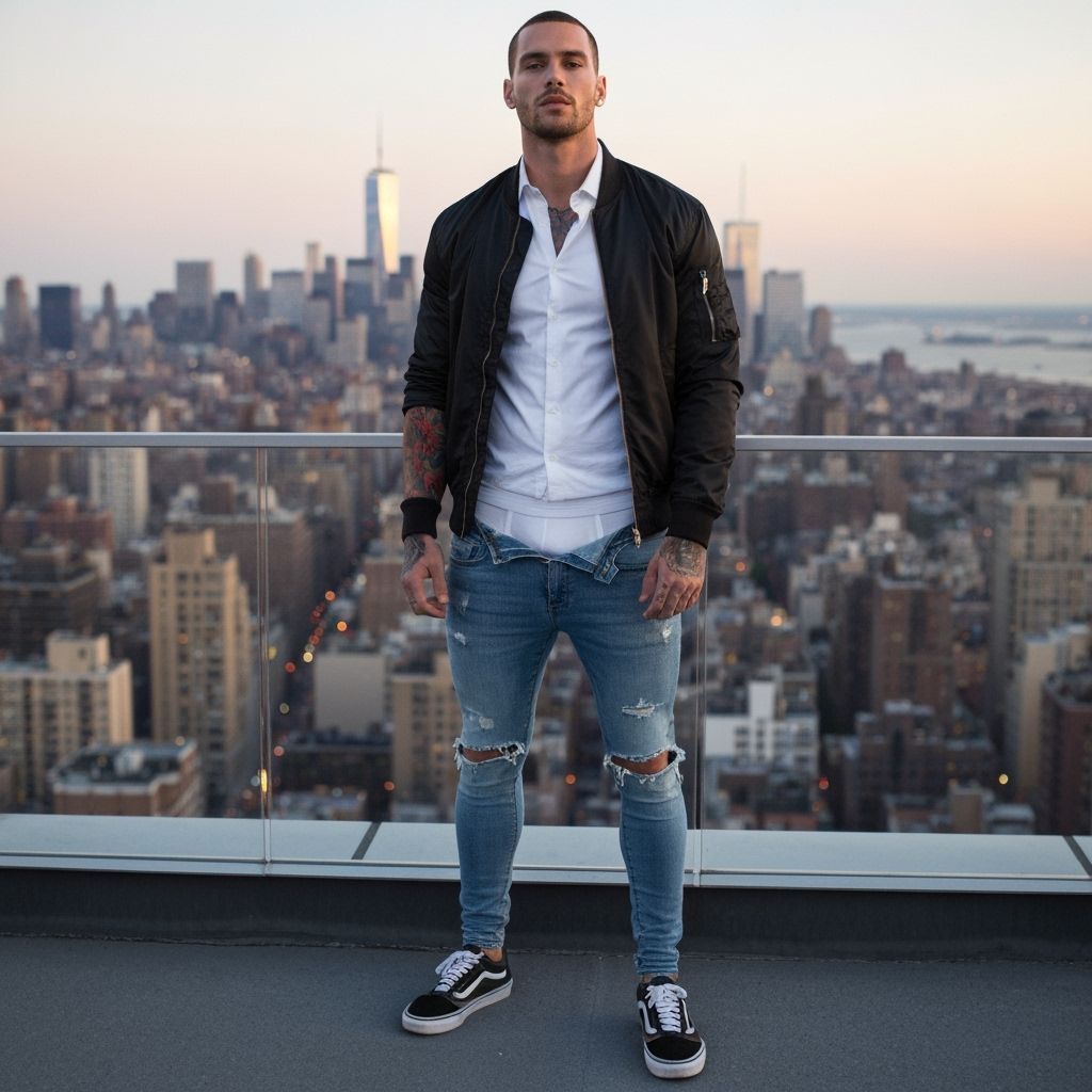 Male Model Posing on NYC Rooftop at Dusk