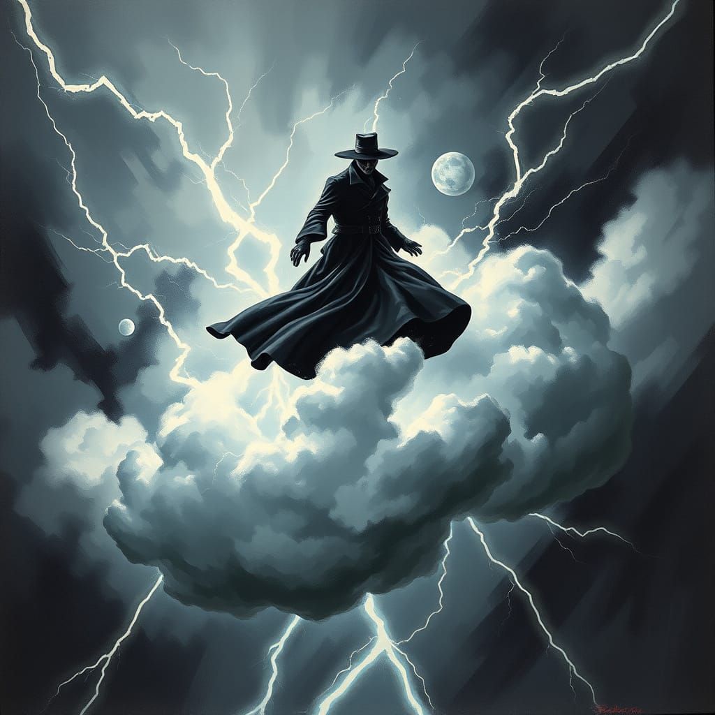 Dark Figure Rides Electric Storm Cloud