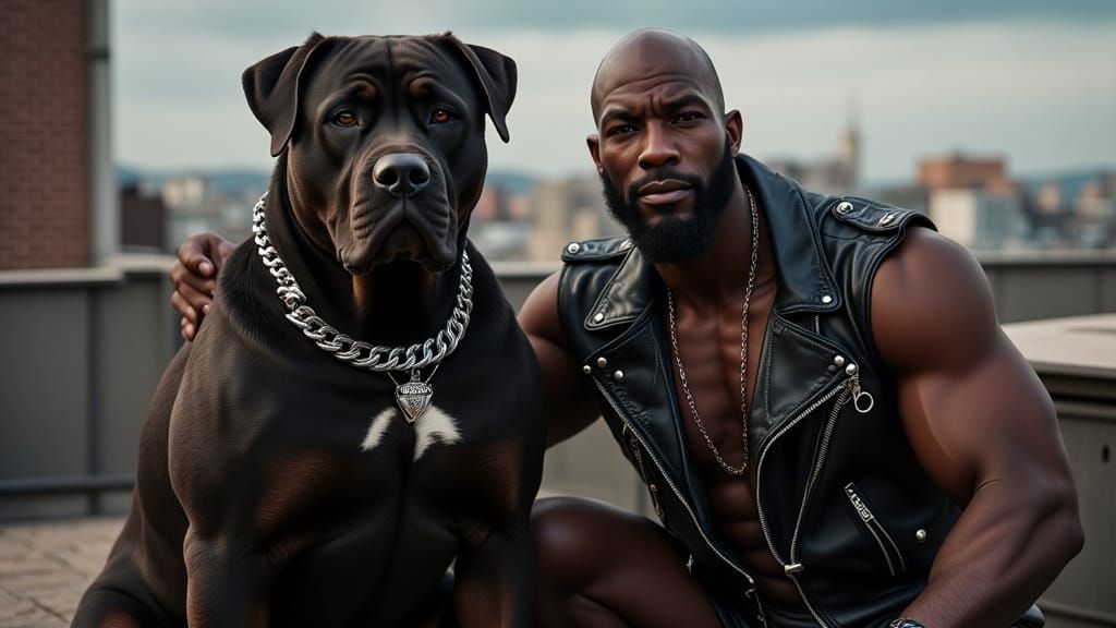 Man and Rottweiler in Leather Vests on Rooftop