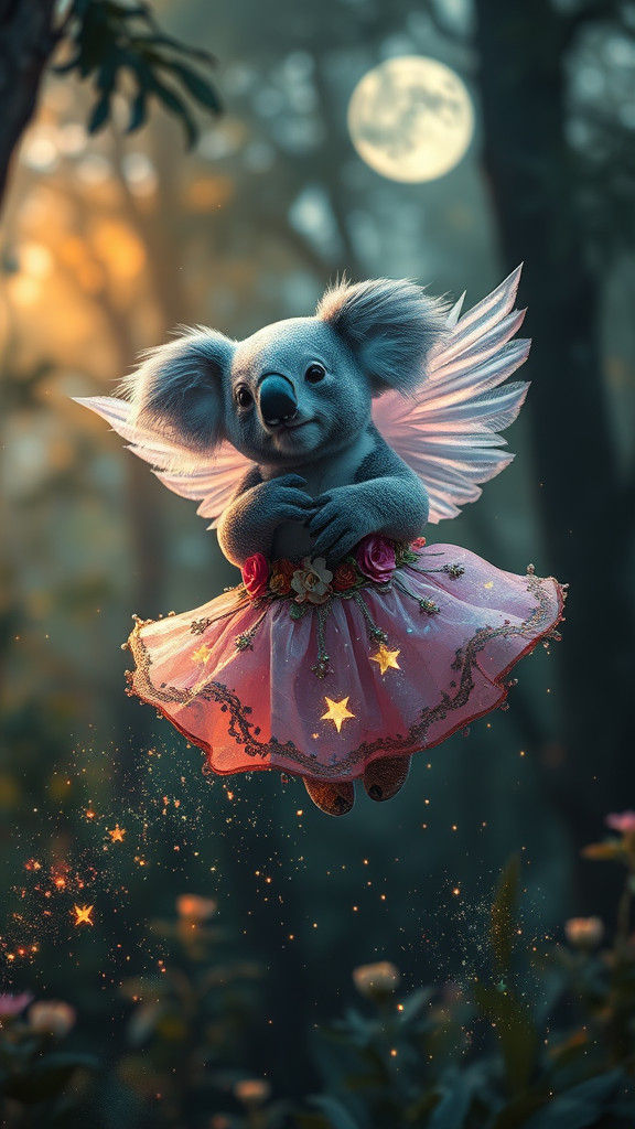 Winged Koala Floats Through Enchanted Forest