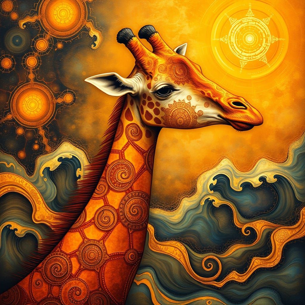 Surreal Giraffe with Fractal Patterns in Gold