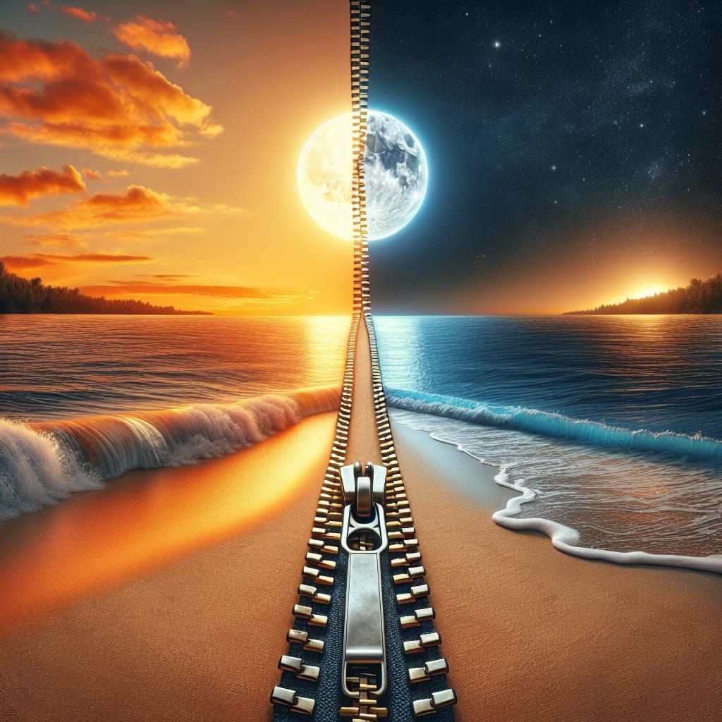 Surreal Beach Scene with Zipper Dividing Day and Night
