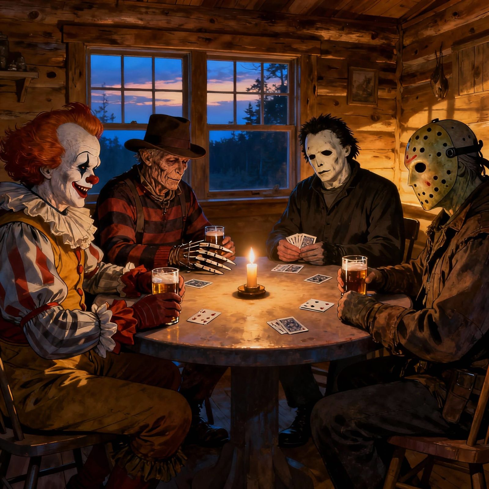 Horror Icons Play Poker in Cabin at Dusk